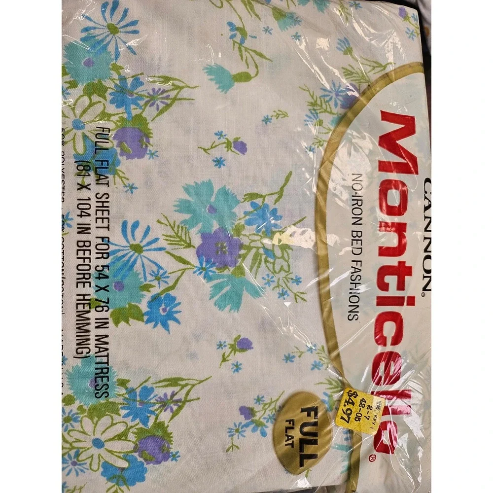 Vintage Cannon Monticello Full Flat Sheet Field Flowers Blue Purple Floral New